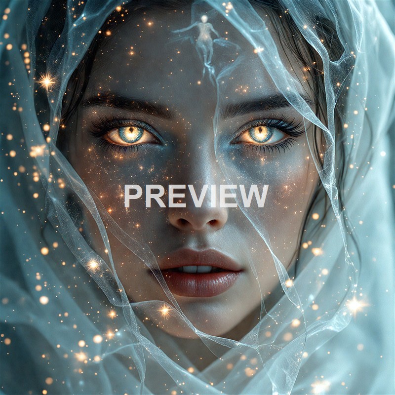 A close-up of a woman's face with glowing eyes, surrounded by shimmering blue fabric and sparkling light effects, giving a mystical and ethereal appearance.